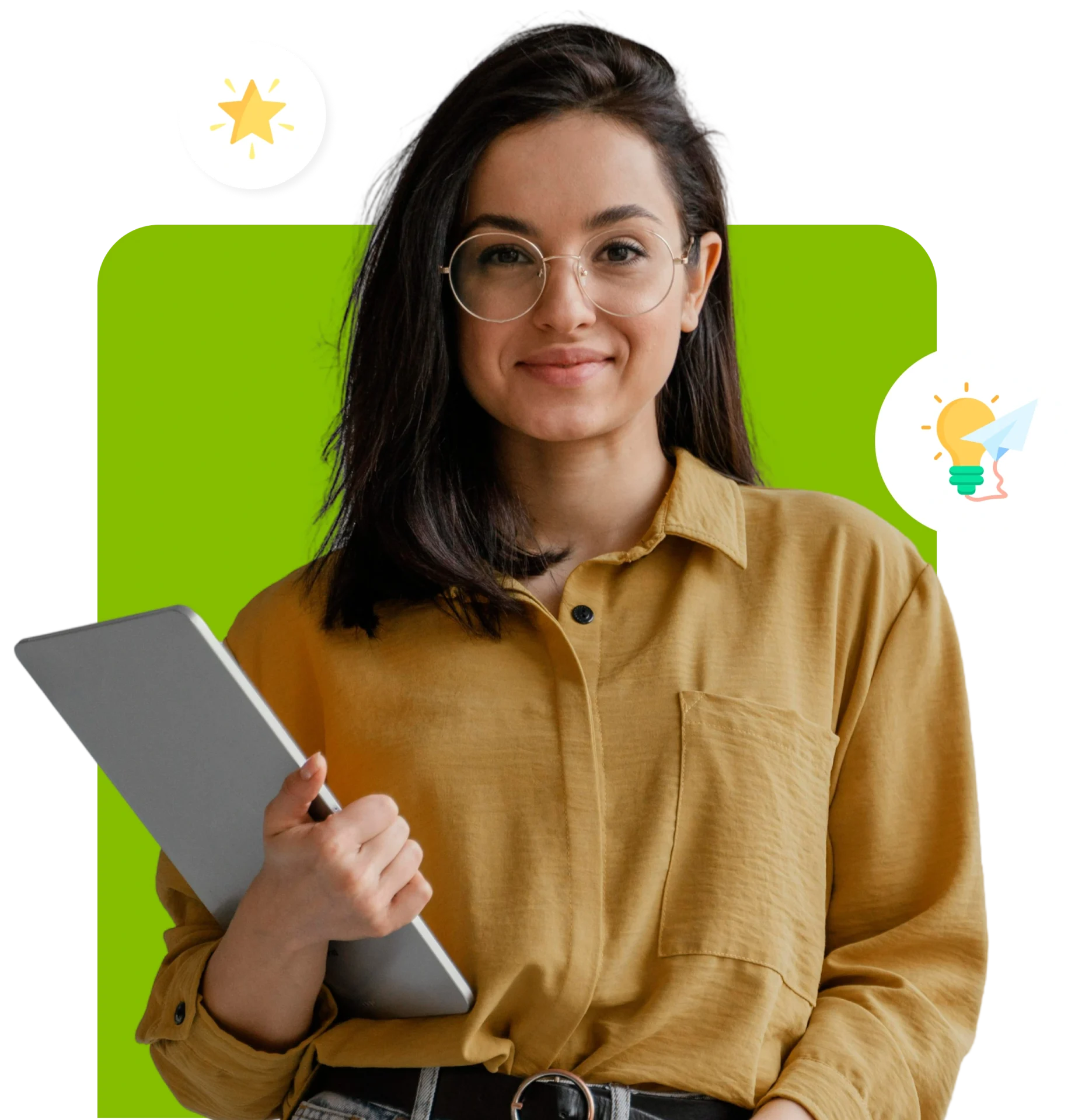 Smiling woman holding tablet, green background.