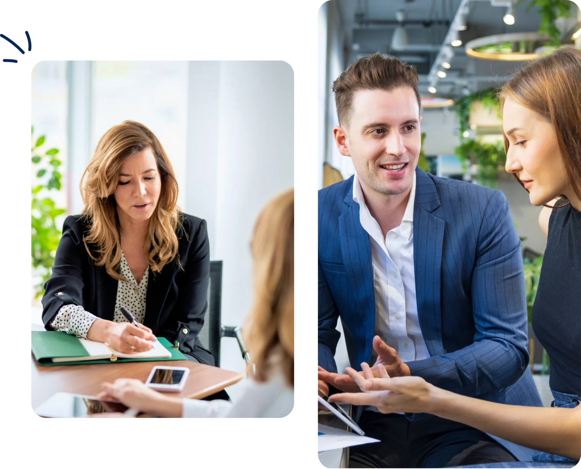 Business meeting with three people.